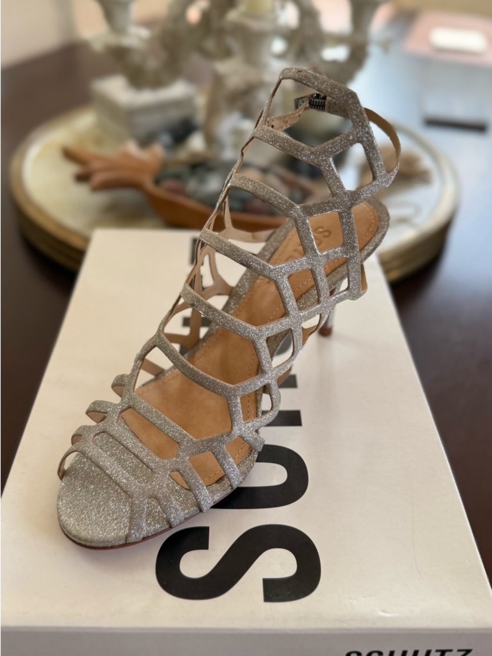 SCHUTZ Champagne Glitter Cage High Heel Sandal